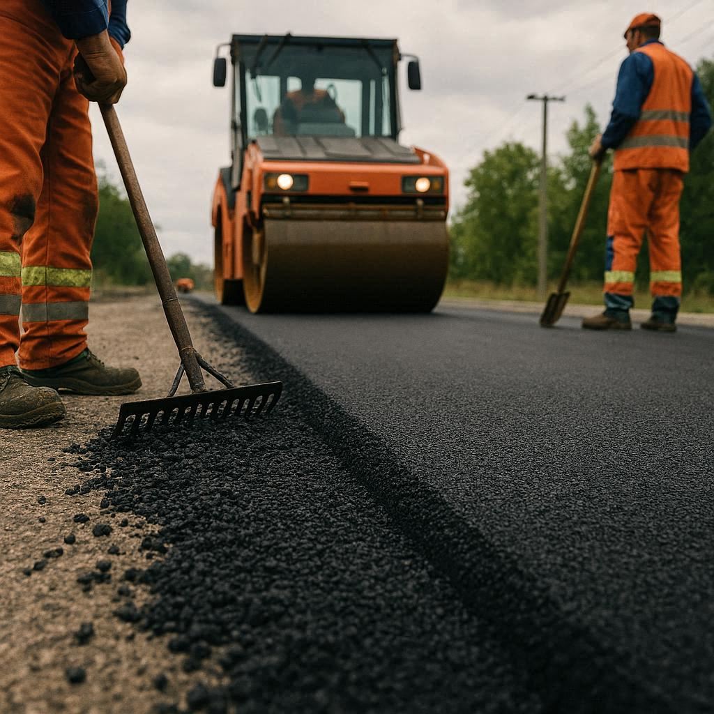 Walec wyrównuje nową drogę