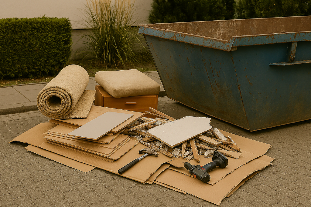 Odpady po remoncie przy śmietniku