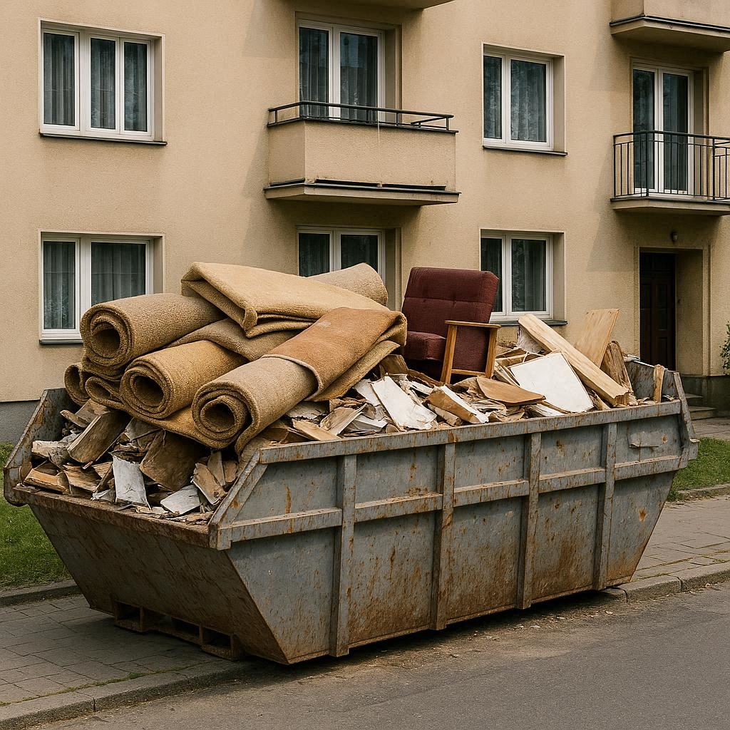 Dywan i odpady remontowe w kontenerze