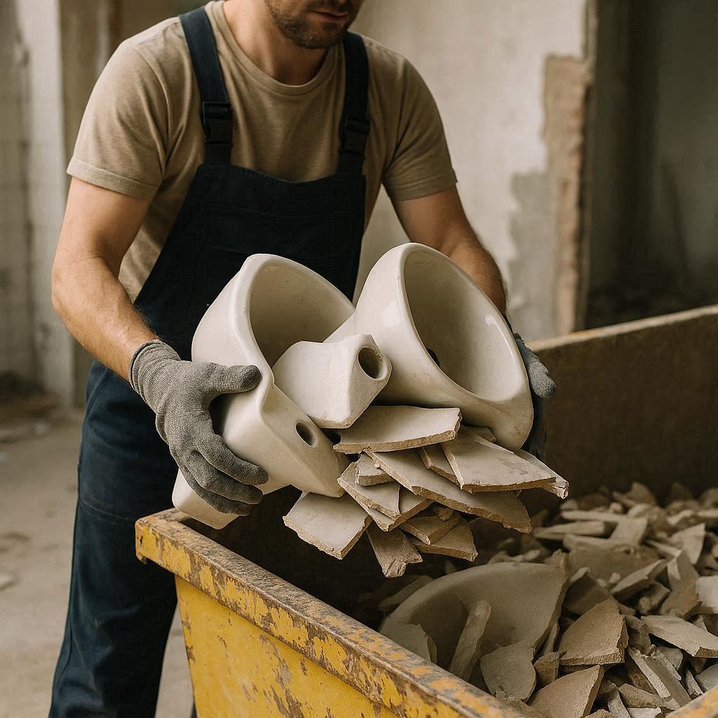 Pracownik wrzuca ceramikę do kontenera