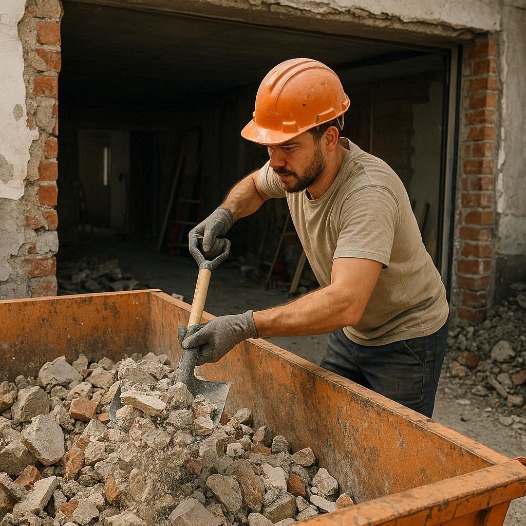 Pracownik wrzuca gruz do kontenera