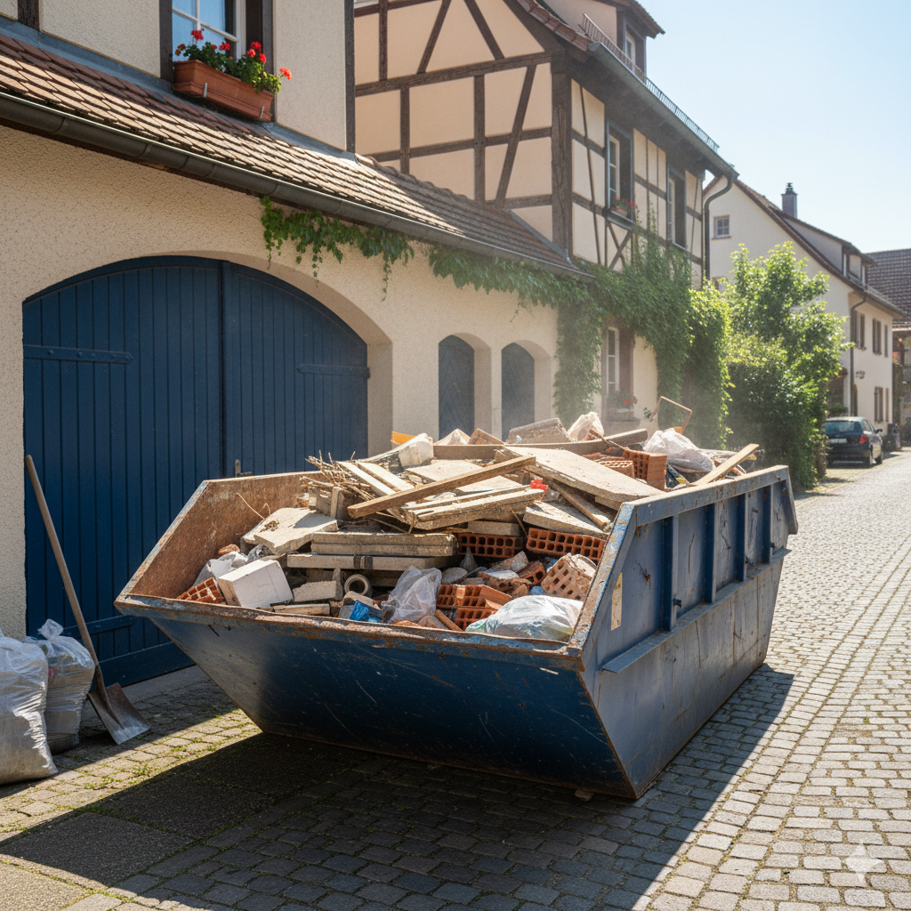 Kontener z gruzem przed garażem
